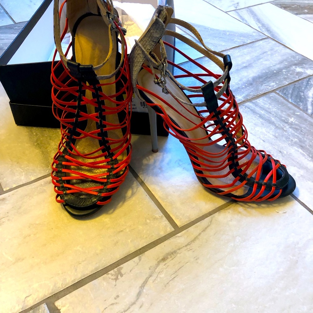 LAMB Payton strappy high heel sandals. red, black and python print leather